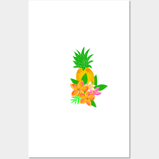 Tropical pineapple print with plumeria flowers. Posters and Art